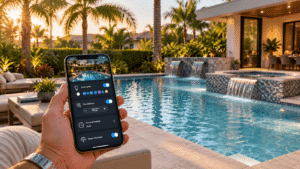 Miami homeowner using a smartphone app to control smart pool automation, heating, and water features.